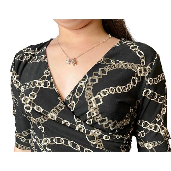 Daisy Fuentes Womens Small Chain DRESS Black Taupe White Belt V Neck Mob Wife - Picture 3 of 10